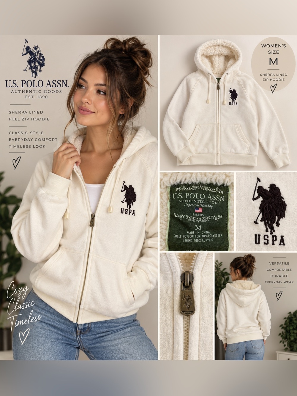 U.S. Polo Assn. Women's Cream Sherpa-Lined Full-Zip Hoodie